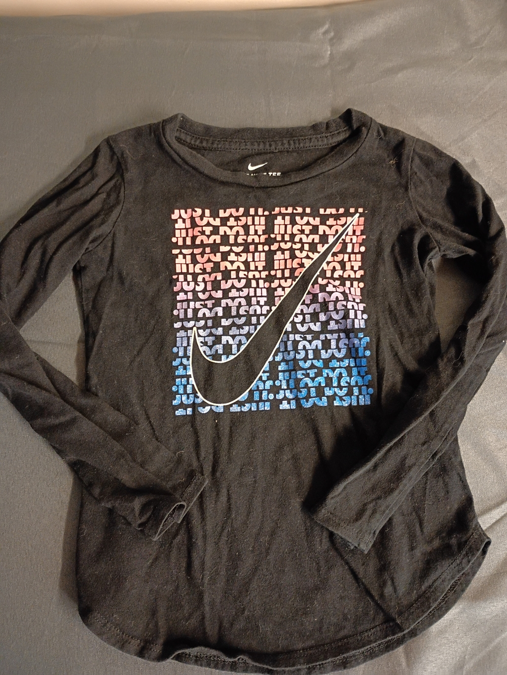 Nike Black Long-Sleeve Tee with Pink-to-Blue Gradient Swoosh